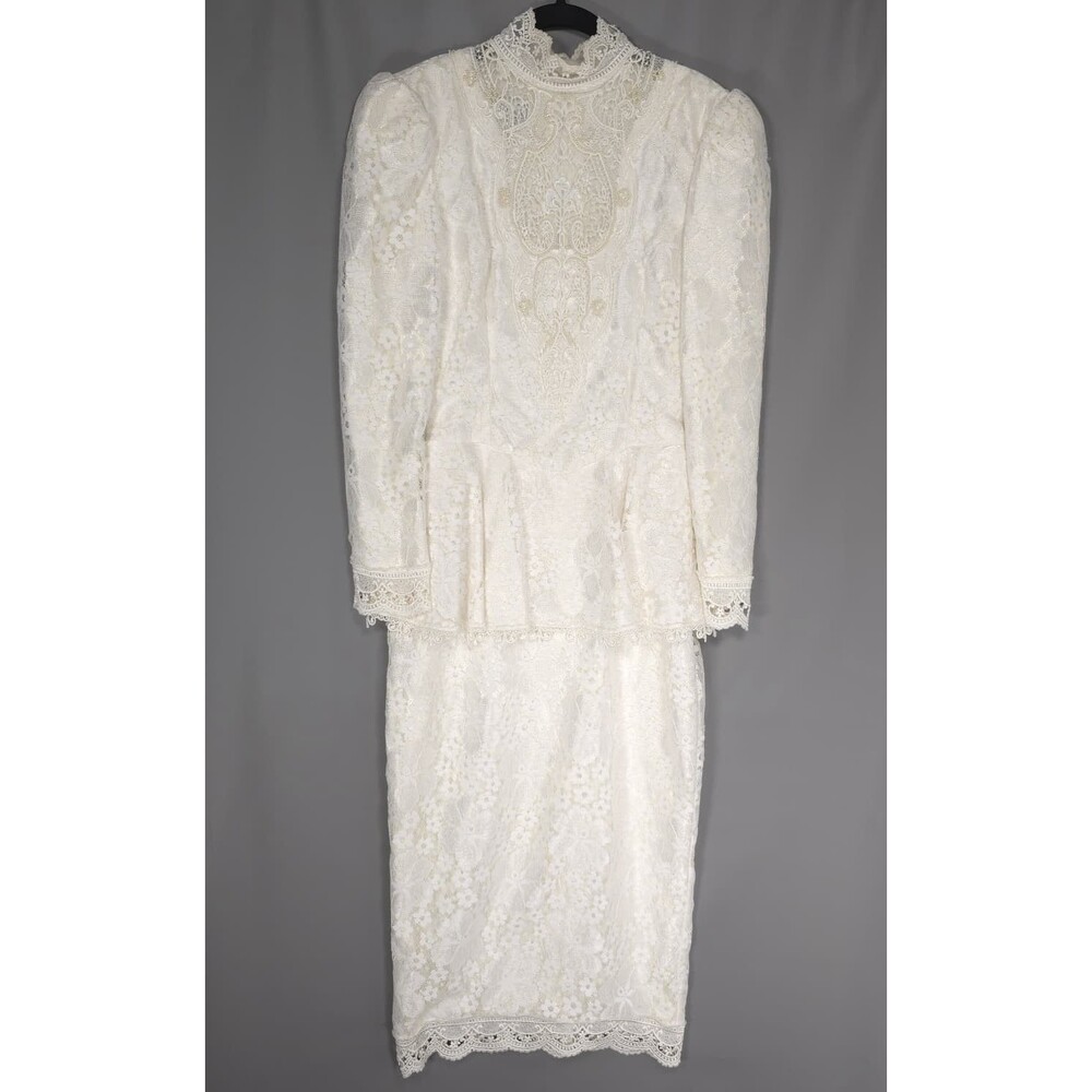 JESSICA McClintock Bridal Ivory Lace Dress Vintage 10 High Neck Long Sleeve